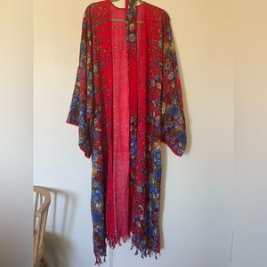 Vibrant Floral Kimono Blouse in Red and Blue